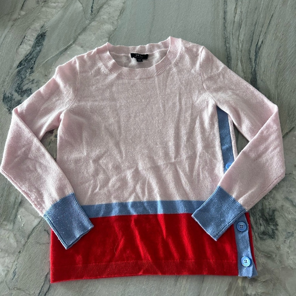 Jcrew Womens Sweater Sz xXS Preppy‎ Color block Side Button %100 Cashmere